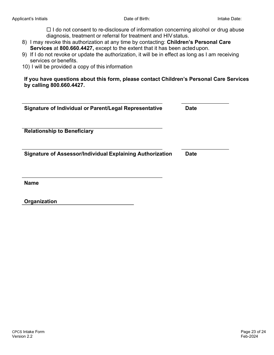 Childrens Personal Care Services Intake Form - Vermont, Page 23