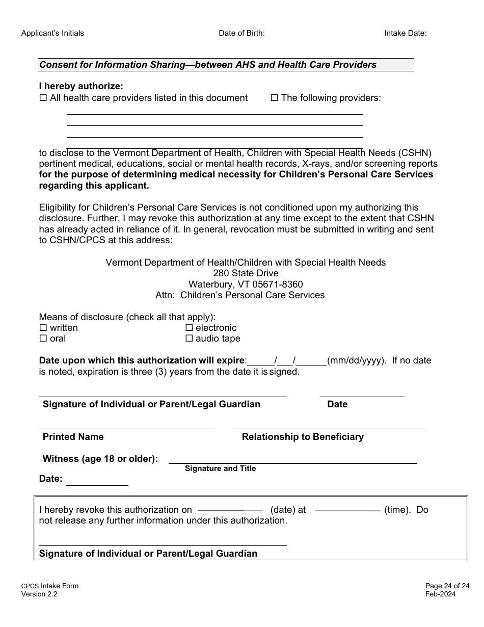 Childrens Personal Care Services Intake Form - Vermont, Page 24