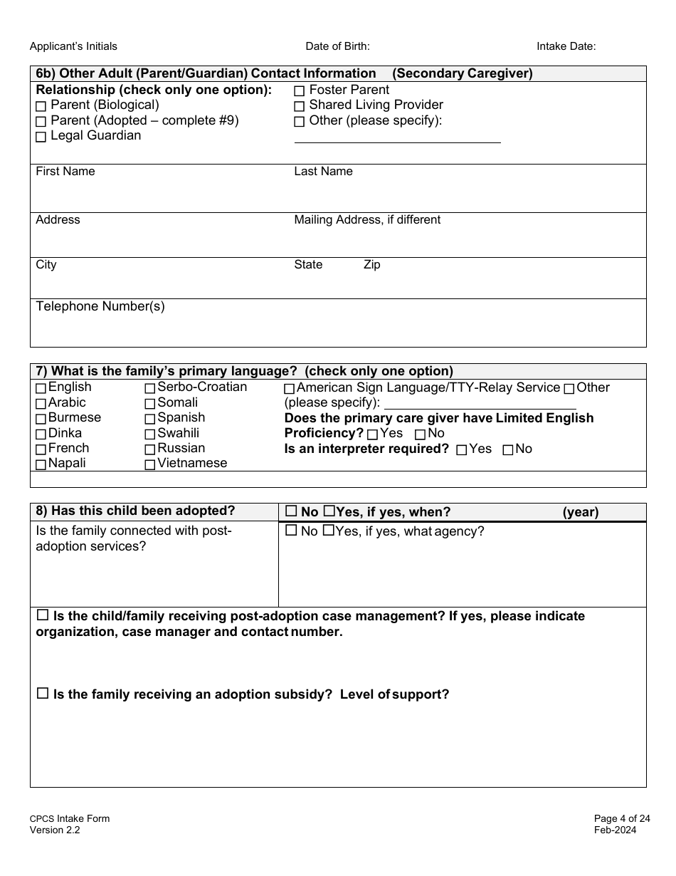 Childrens Personal Care Services Intake Form - Vermont, Page 4