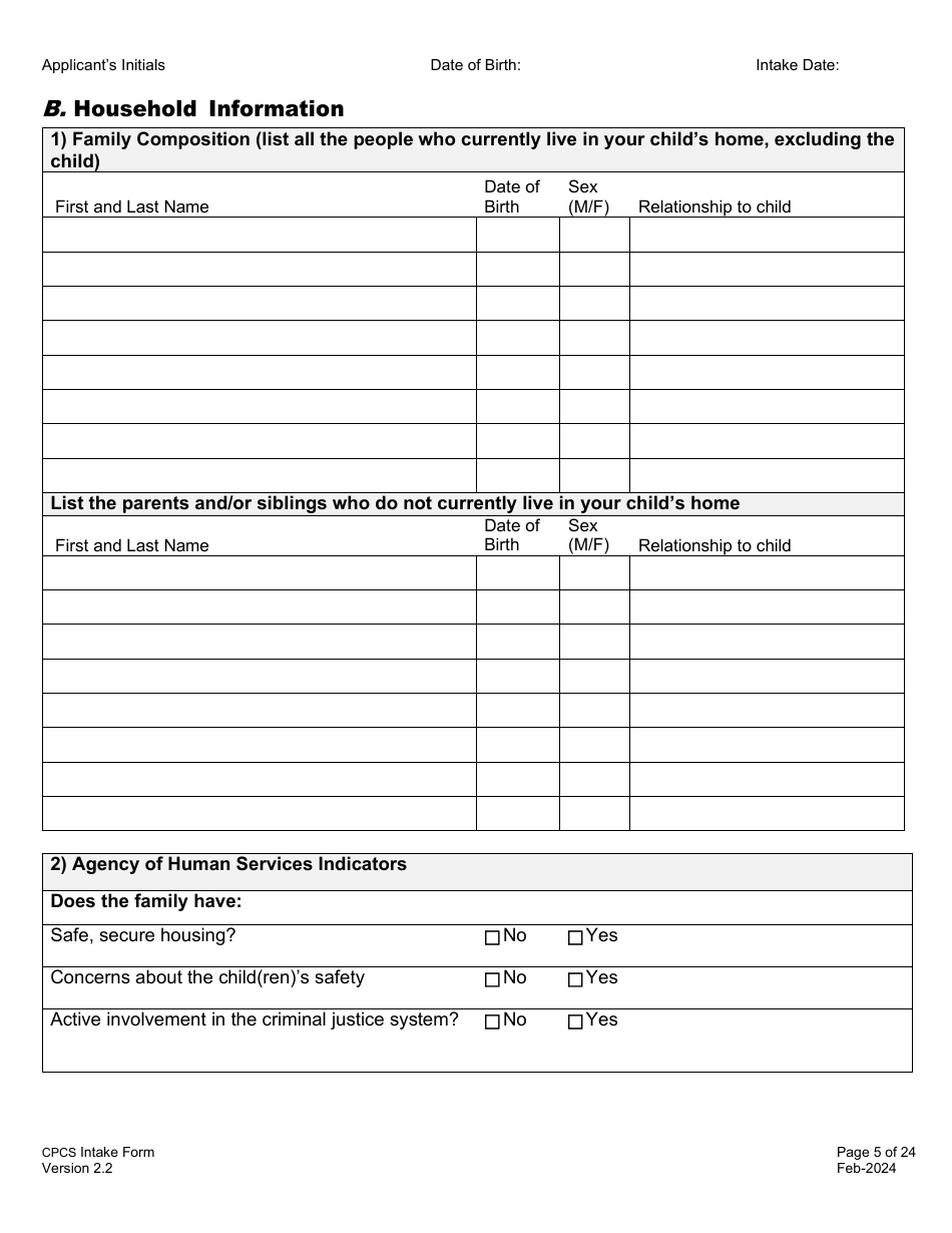 Childrens Personal Care Services Intake Form - Vermont, Page 5