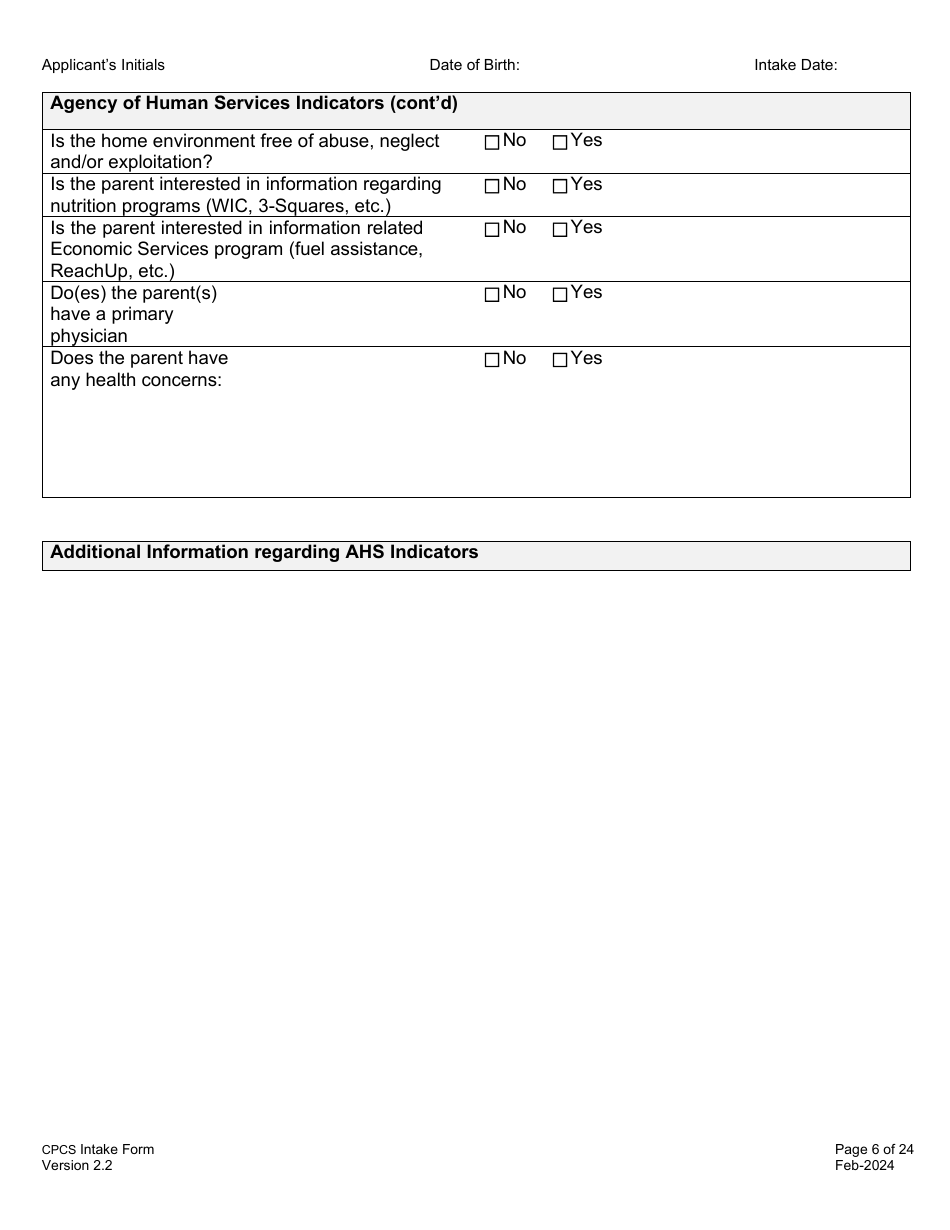 Childrens Personal Care Services Intake Form - Vermont, Page 6