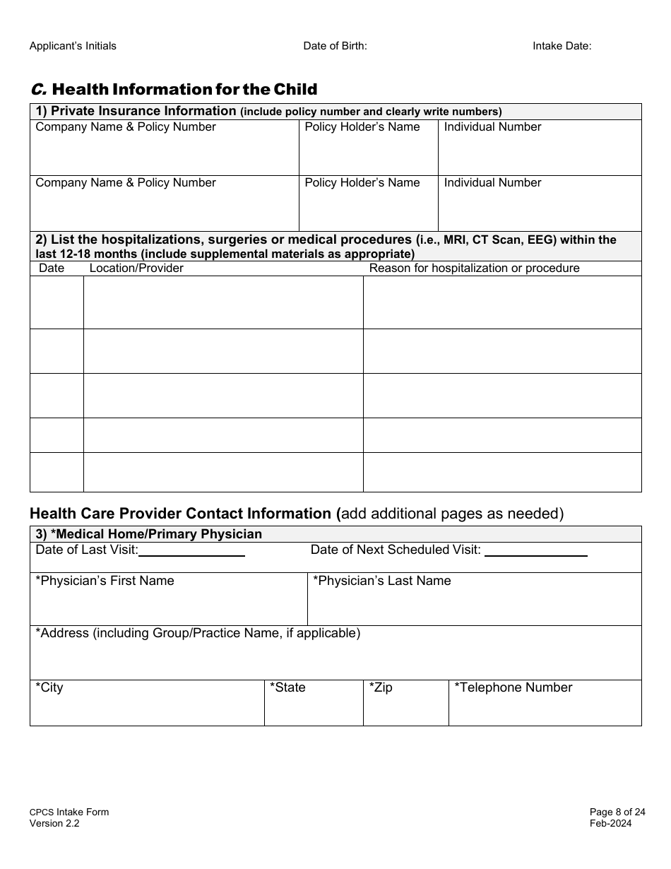 Childrens Personal Care Services Intake Form - Vermont, Page 8