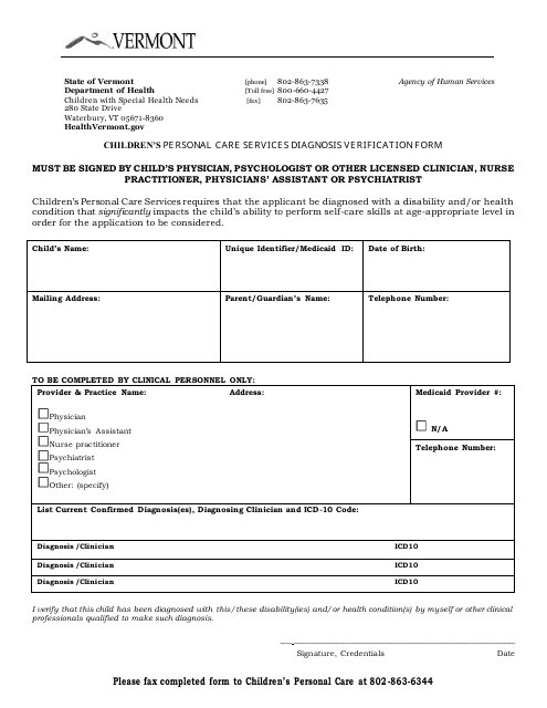 Children's Personal Care Services Diagnosis Verification Form - Vermont