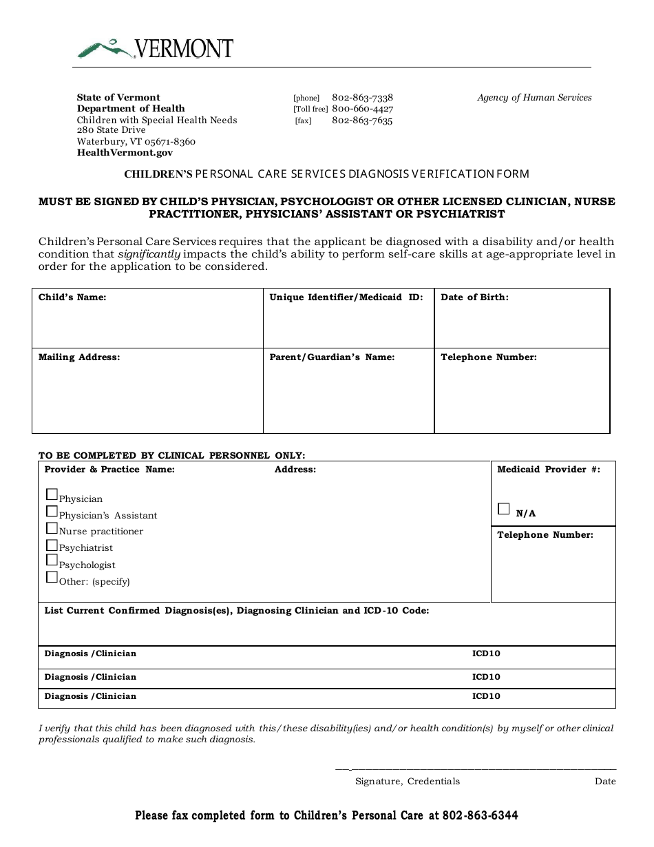 Childrens Personal Care Services Diagnosis Verification Form - Vermont, Page 1