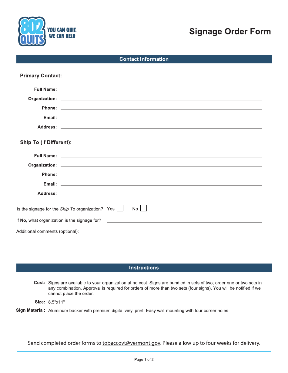 Signage Order Form - Vermont, Page 1