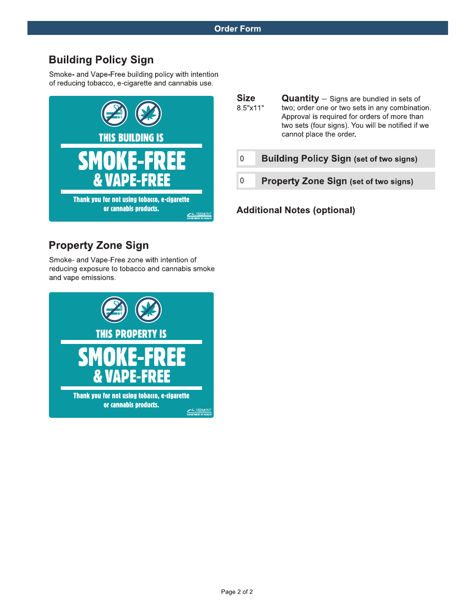 Signage Order Form - Vermont, Page 2