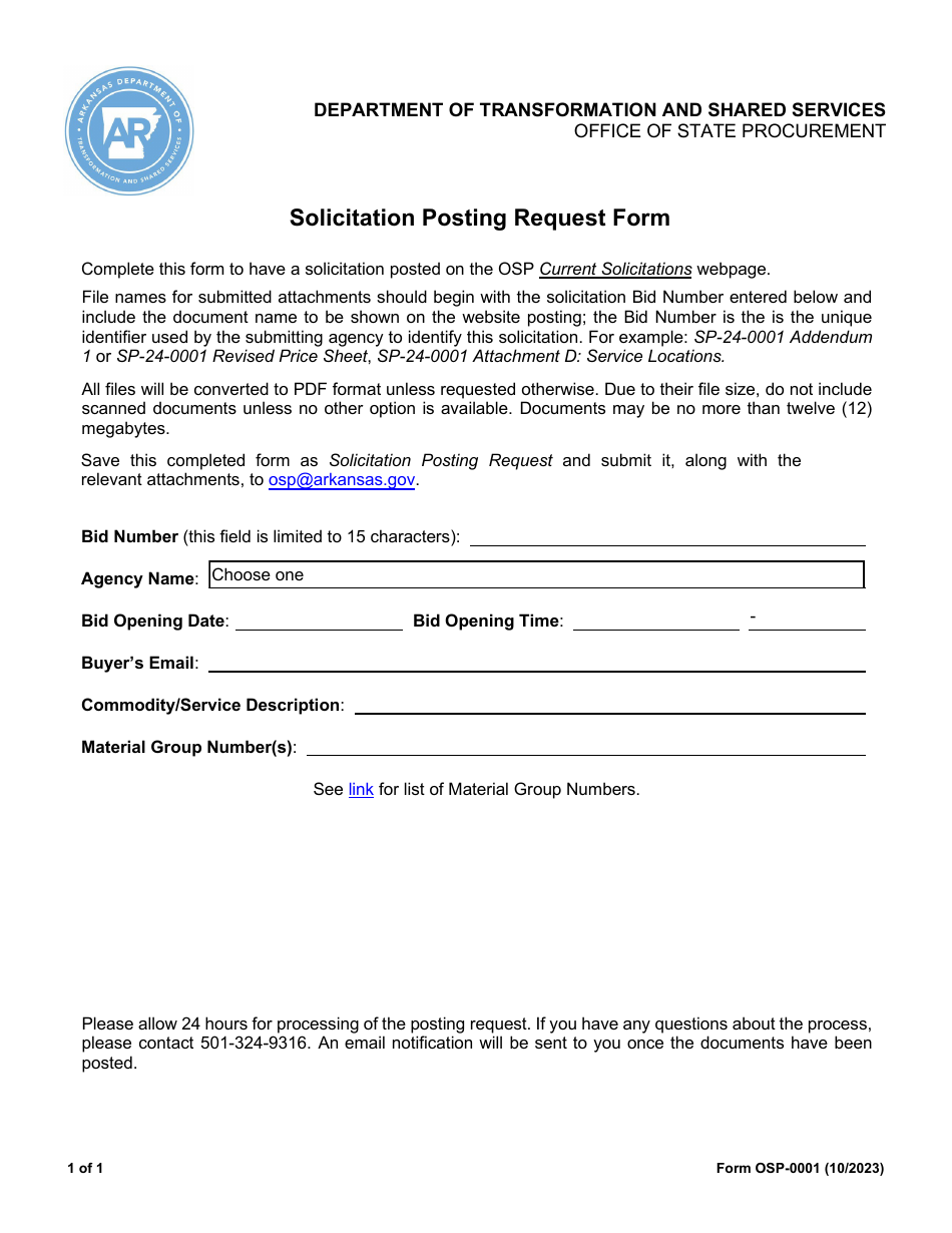 Form OSP-0001 Solicitation Posting Request Form - Arkansas, Page 1
