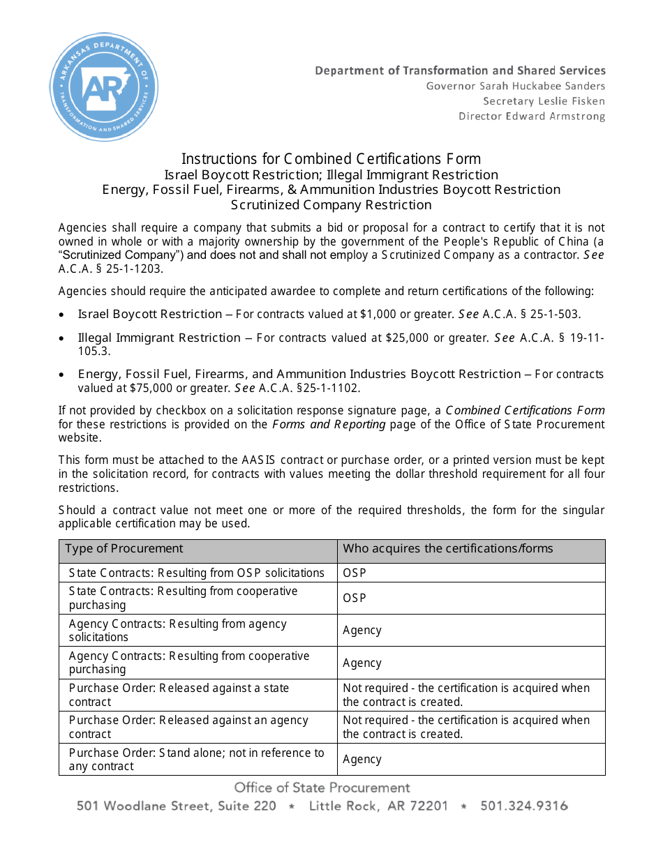 Instructions for Combined Certifications for Contracting With the State of Arkansas - Arkansas, Page 1