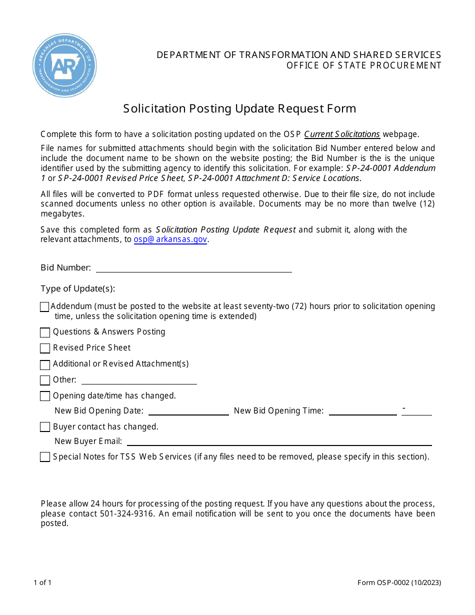 Form OSP-0002 Solicitation Posting Update Request Form - Arkansas, Page 1