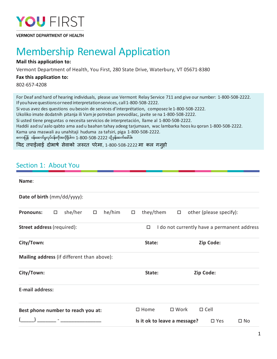 You First Membership Renewal Application - Vermont, Page 1