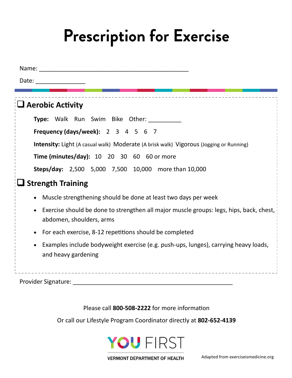 You First Prescription for Exercise Template - Vermont, Page 1