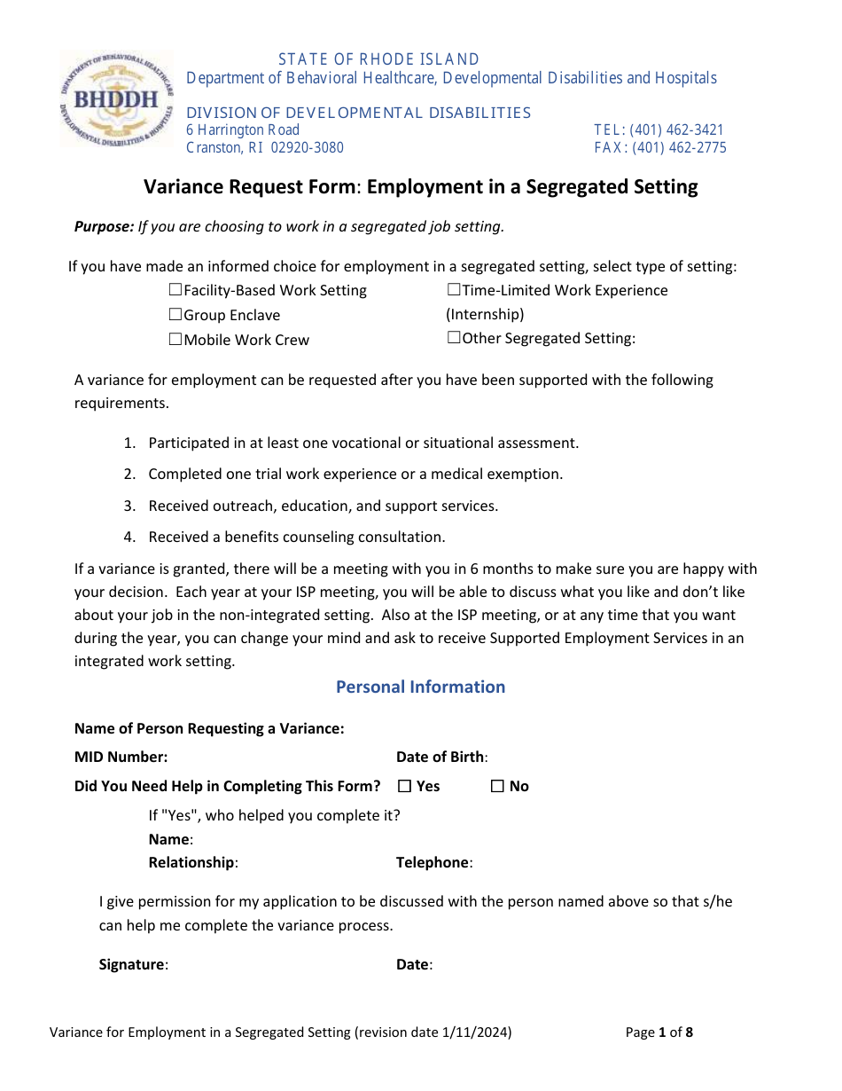 Variance Request Form: Employment in a Segregated Setting - Rhode Island, Page 1