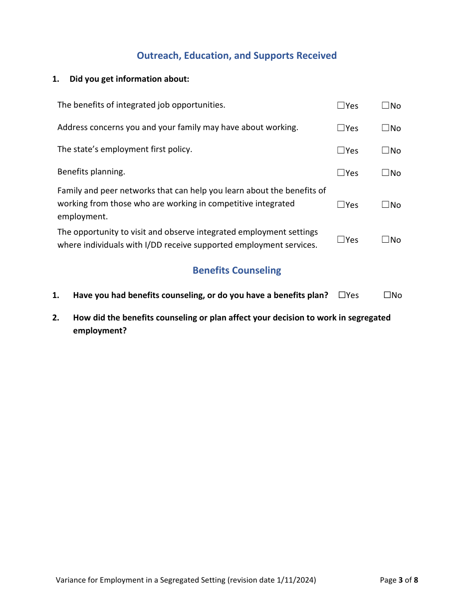 Variance Request Form: Employment in a Segregated Setting - Rhode Island, Page 3