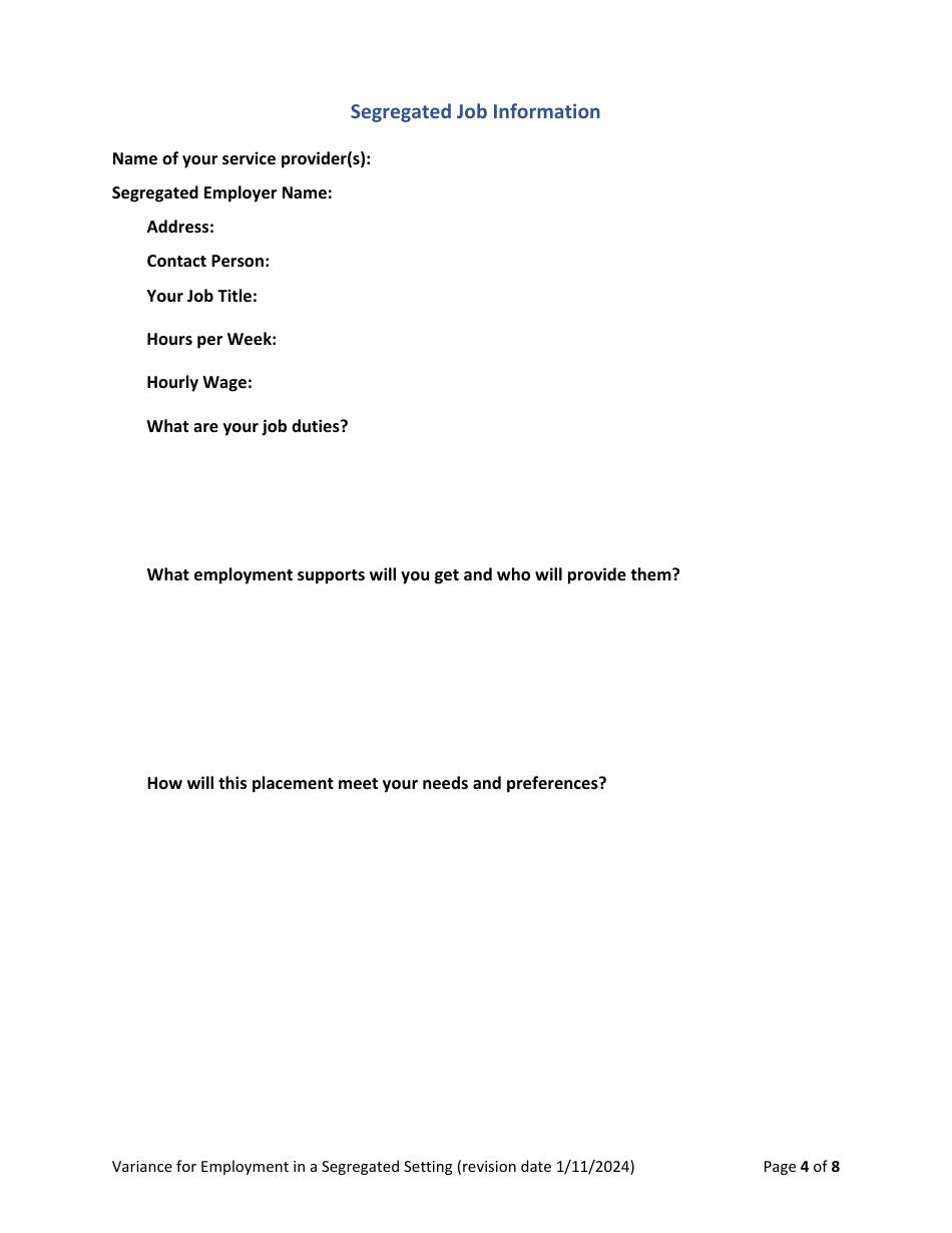 Variance Request Form: Employment in a Segregated Setting - Rhode Island, Page 4