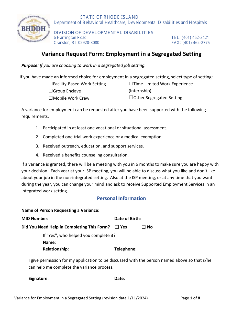 Ridoh Variance Form.pdf Rhode Island Variance Request Form: Employment in a Segregated Setting ...