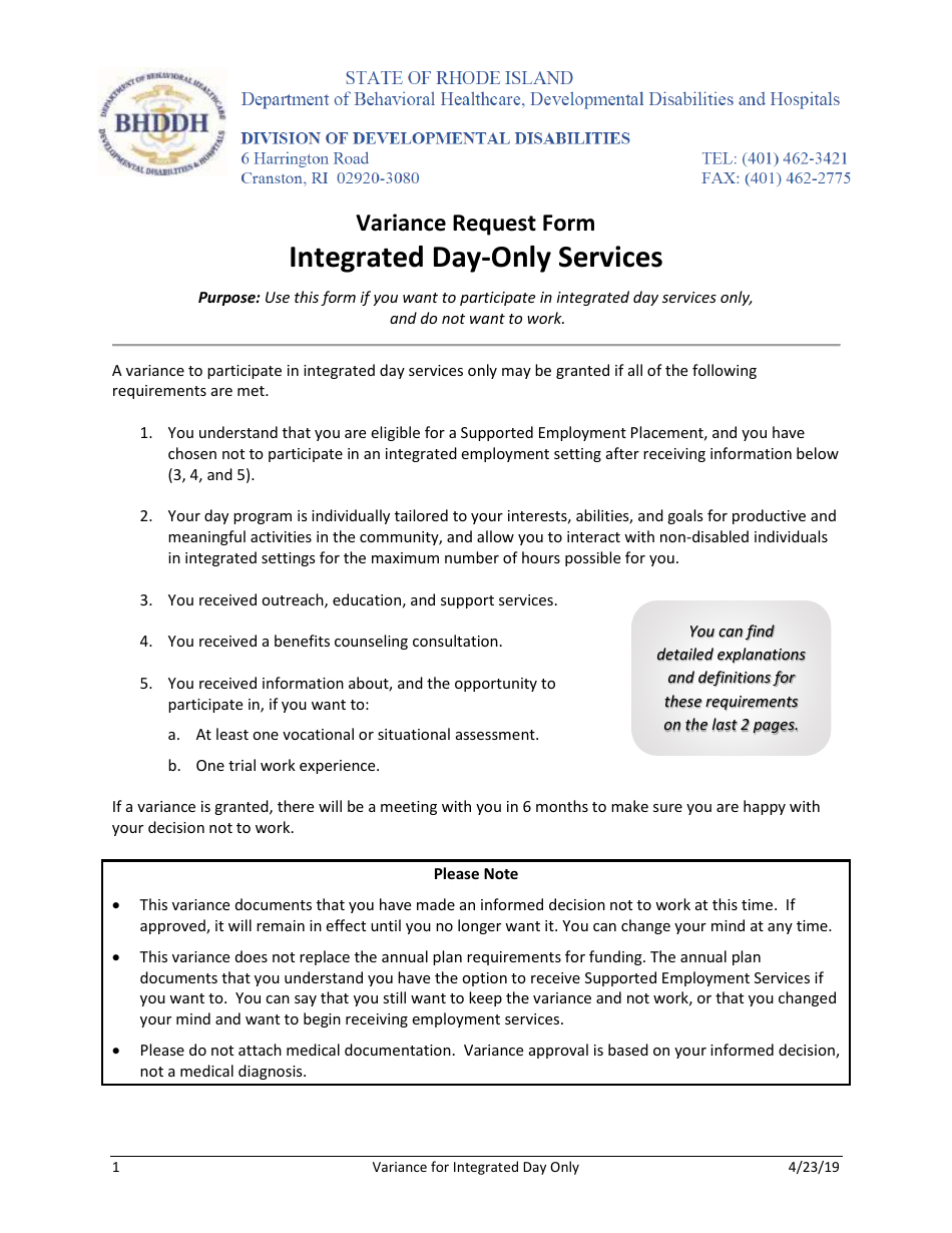 Variance Request Form - Integrated Day-Only Services - Rhode Island, Page 1