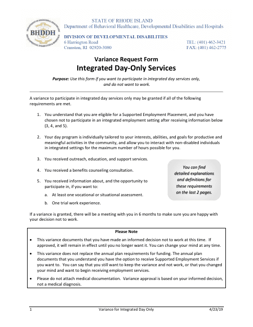 Variance Request Form - Integrated Day-Only Services - Rhode Island Download Pdf