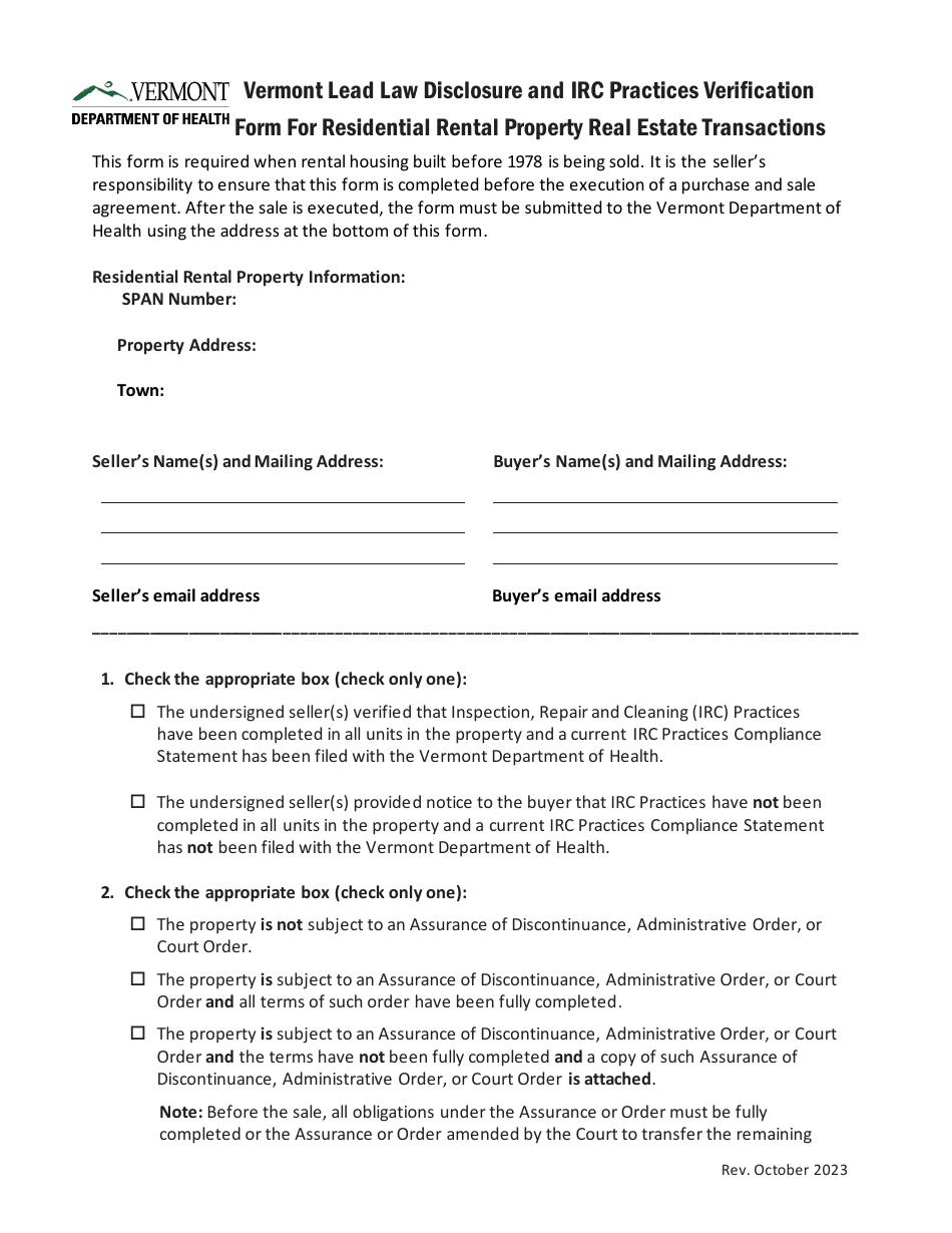 Vermont Lead Law Disclosure and IRC Practices Verification Form for Residential Rental Property Real Estate Transactions - Vermont, Page 1