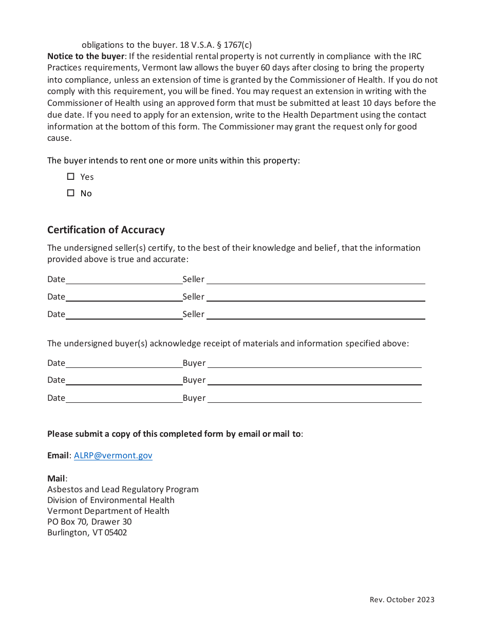 Vermont Lead Law Disclosure and IRC Practices Verification Form for Residential Rental Property Real Estate Transactions - Vermont, Page 2