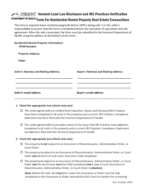 Vermont Lead Law Disclosure and IRC Practices Verification Form for Residential Rental Property Real Estate Transactions - Vermont Download Pdf