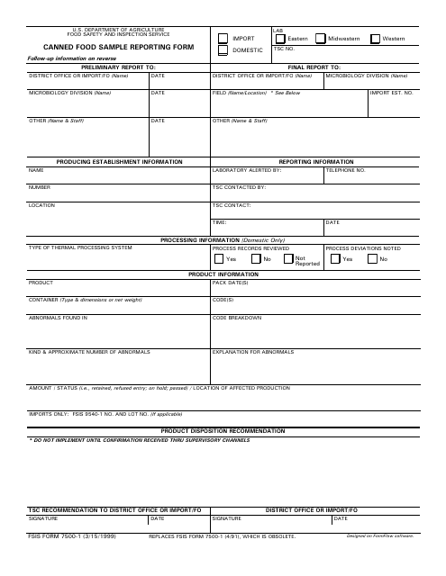 FSIS Form 7500-1 Canned Food Sample Reporting Form