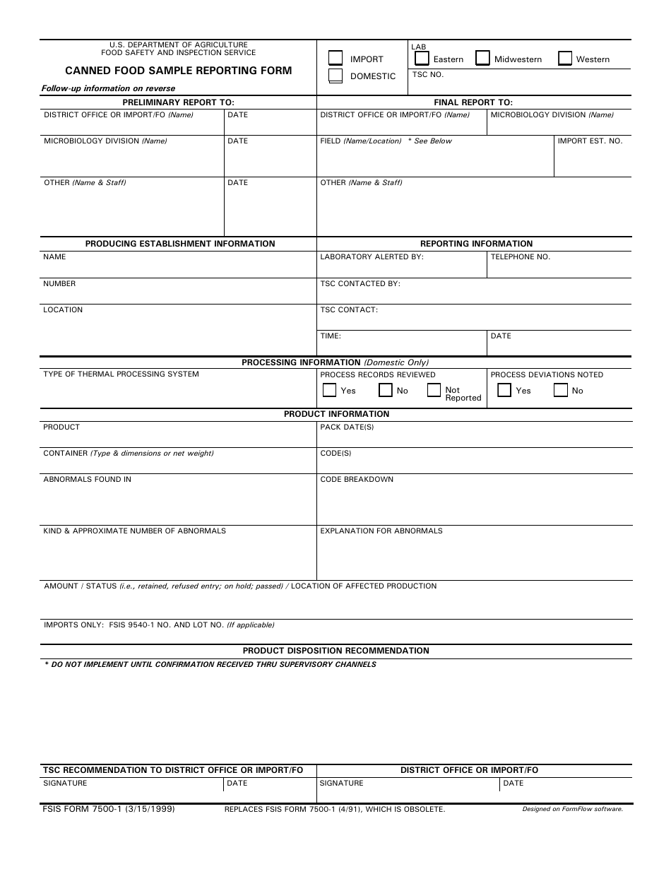 FSIS Form 7500-1 Canned Food Sample Reporting Form, Page 1