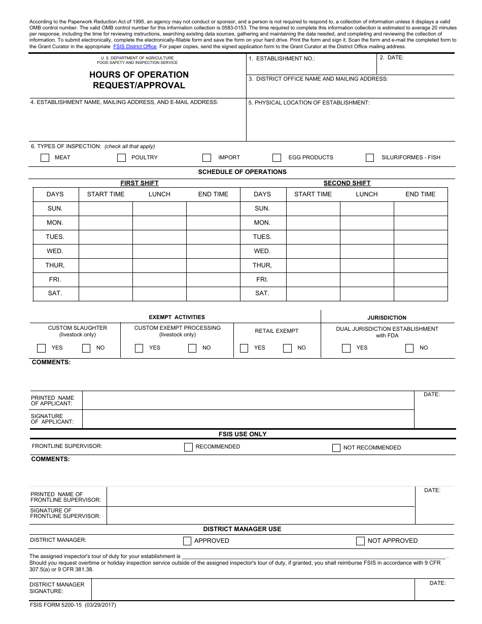 FSIS Form 5200-15 Hours of Operation Request / Approval, Page 1