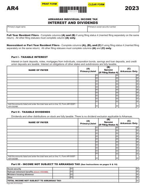 Form AR4 Interest and Dividends - Arkansas, 2023