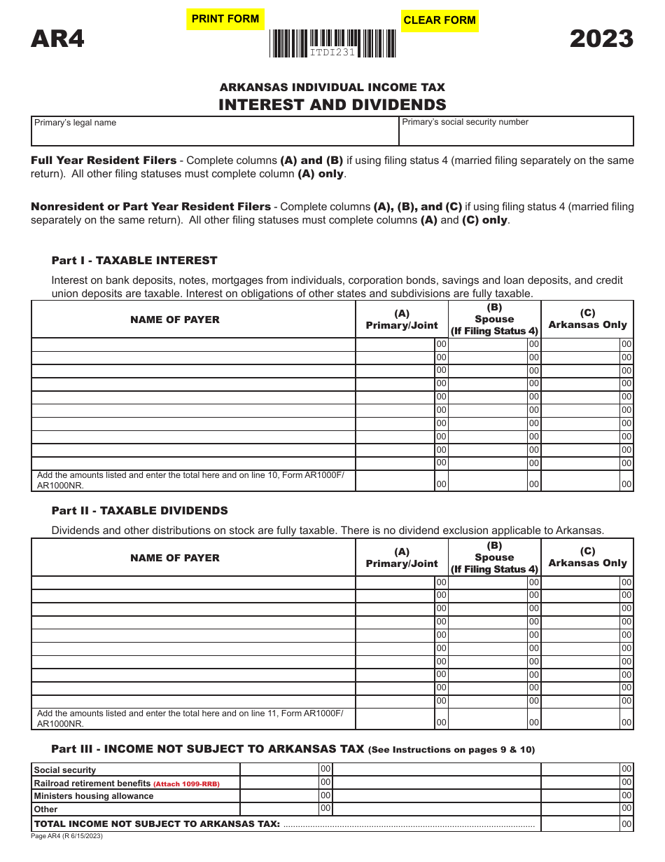 Form AR4 Interest and Dividends - Arkansas, Page 1