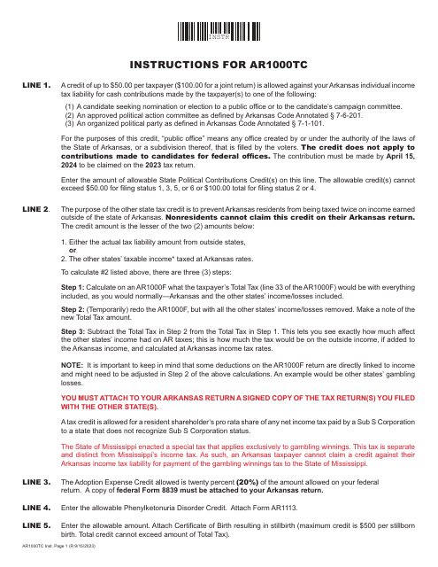 Instructions for Form AR1000TC Tax Credits - Arkansas, 2023