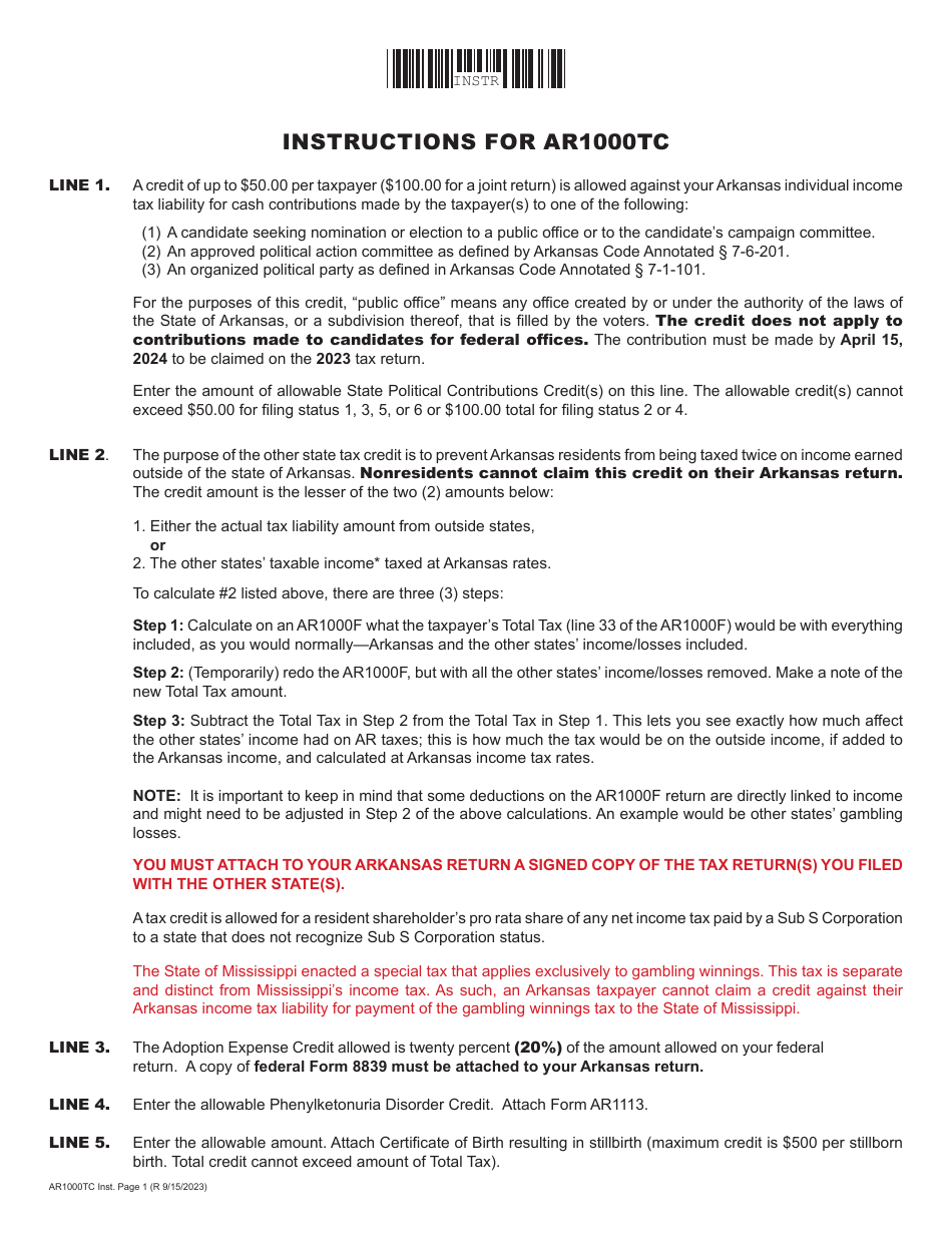 Instructions for Form AR1000TC Tax Credits - Arkansas, Page 1