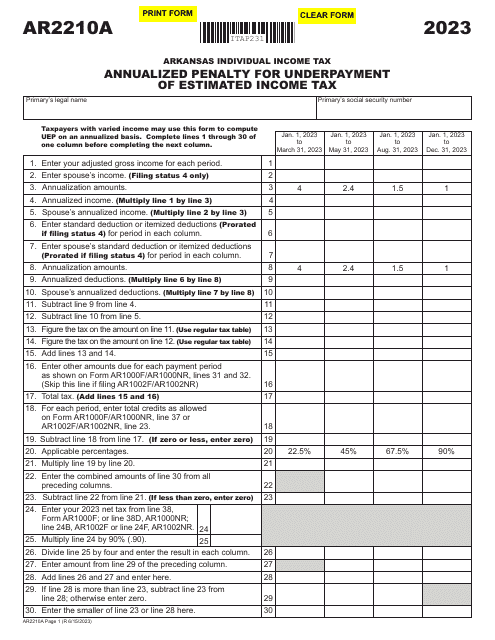 Form AR2210A Annualized Penalty for Underpayment of Estimated Income Tax - Arkansas, 2023