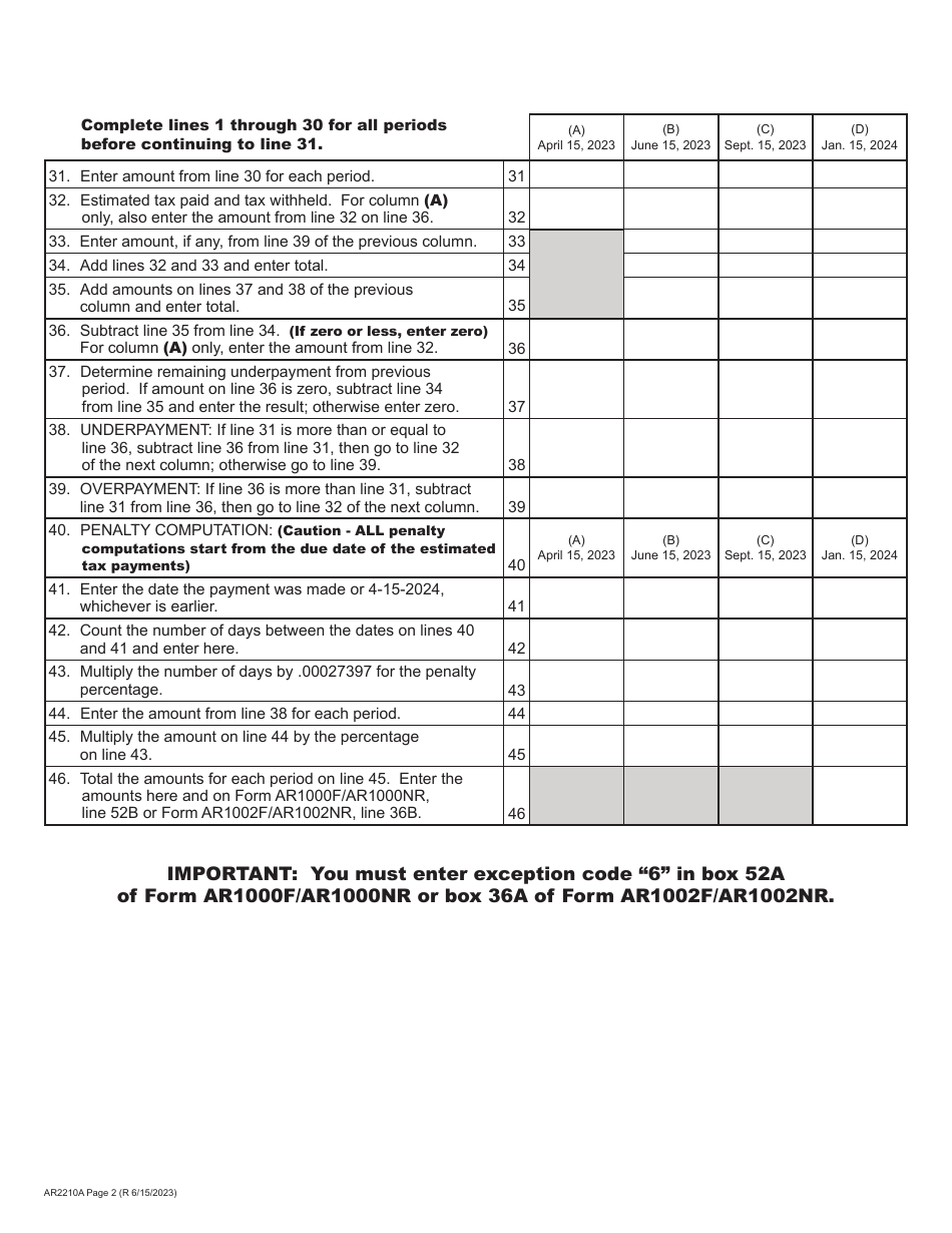 Form AR2210A Annualized Penalty for Underpayment of Estimated Income Tax - Arkansas, Page 2