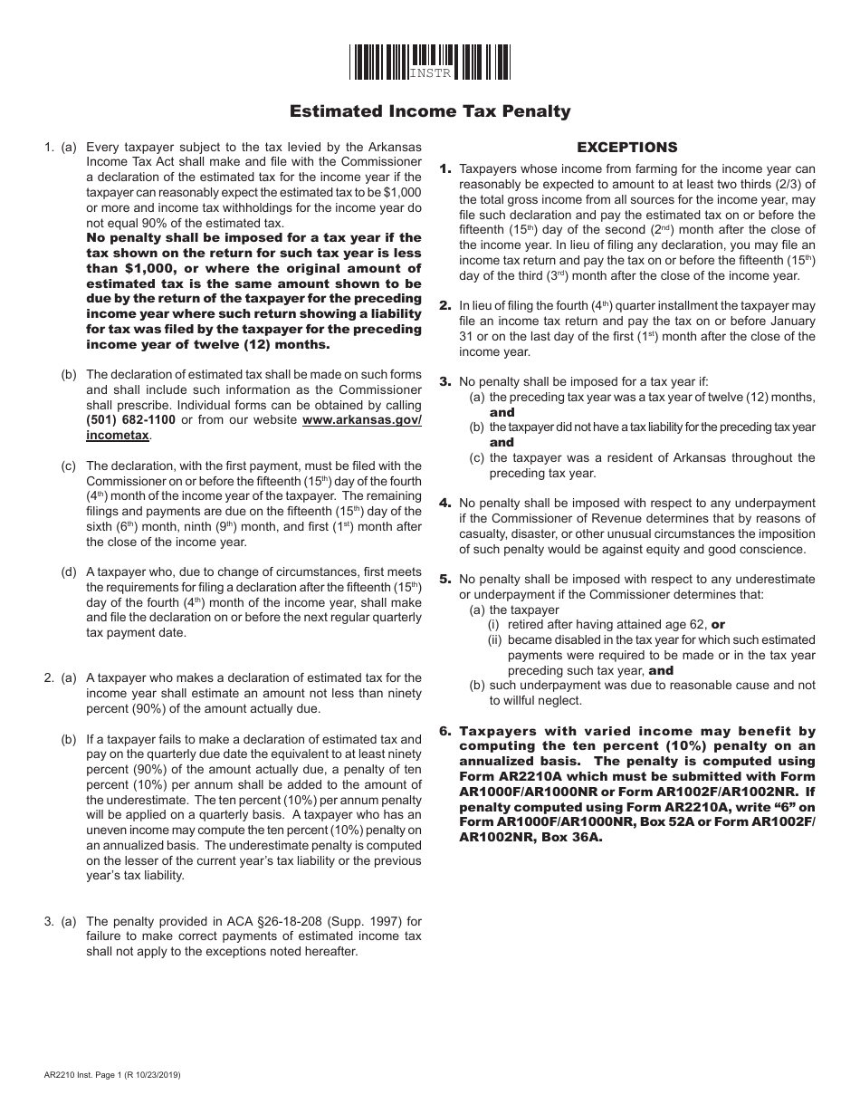 Instructions for Form AR2210 Penalty for Underpayment of Estimated Tax - Arkansas, Page 1
