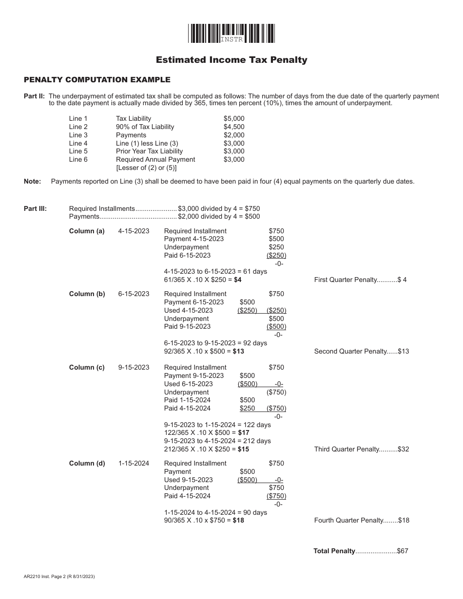 Instructions for Form AR2210 Penalty for Underpayment of Estimated Tax - Arkansas, Page 2