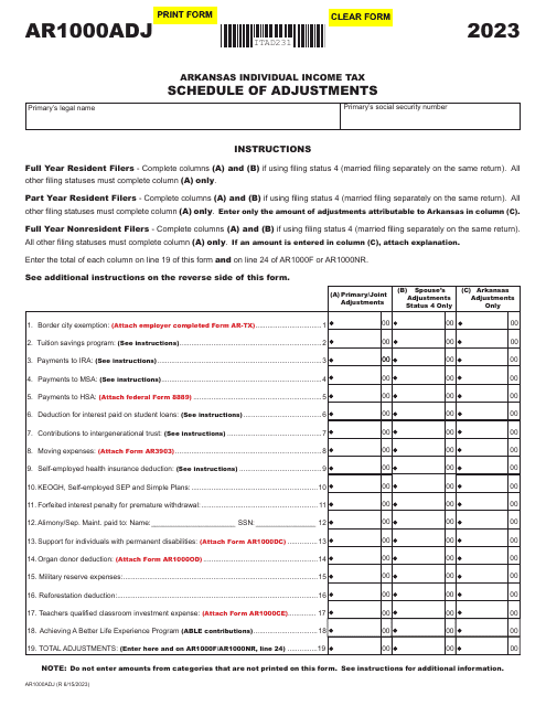 Form AR1000ADJ Schedule of Adjustments - Arkansas, 2023