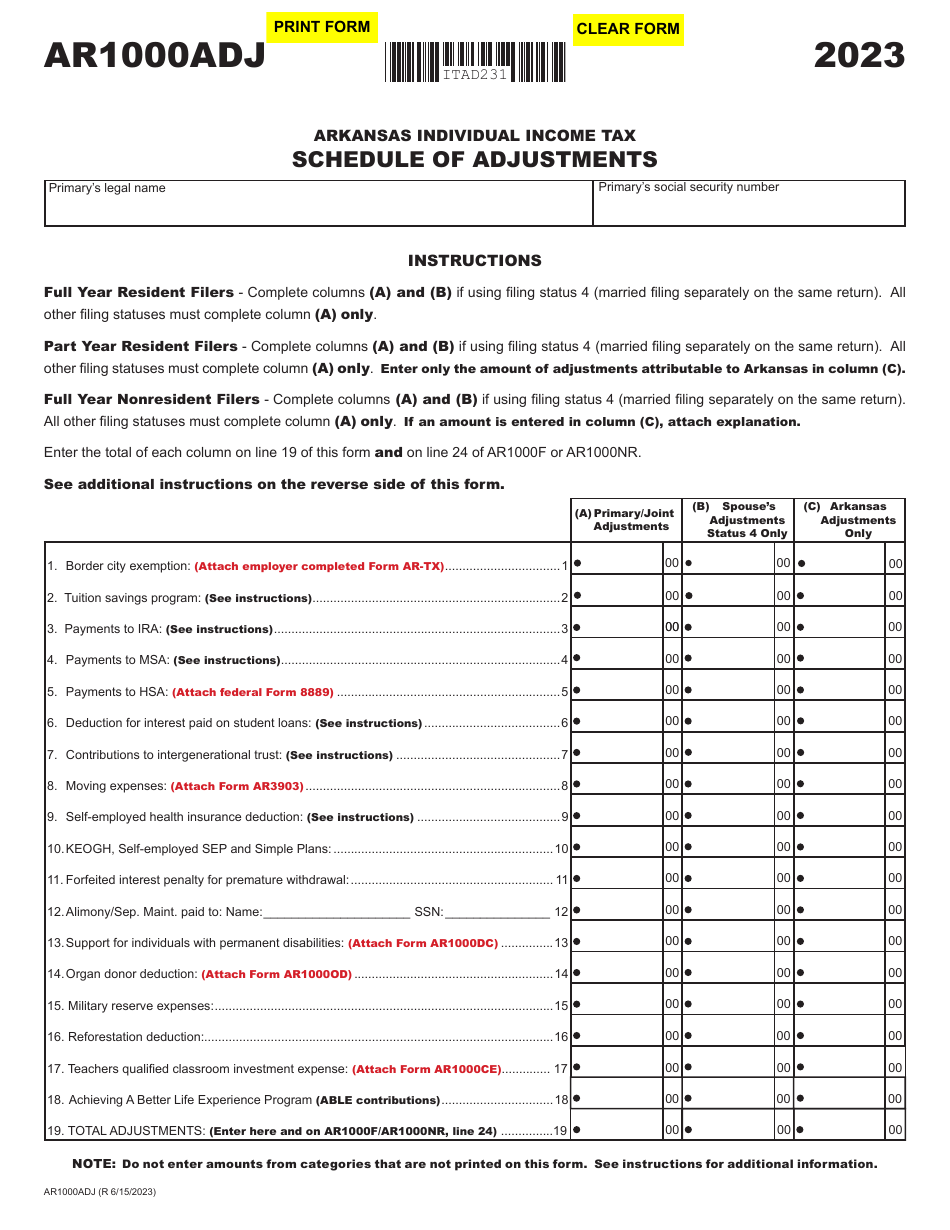Form AR1000ADJ Schedule of Adjustments - Arkansas, Page 1