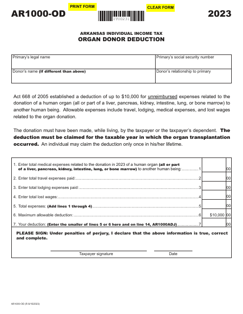Form AR1000-OD Organ Donor Deduction - Arkansas, 2023