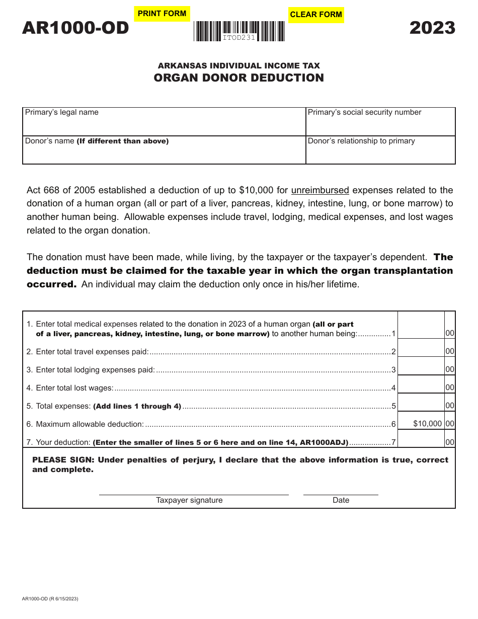 Form AR1000-OD Organ Donor Deduction - Arkansas, Page 1