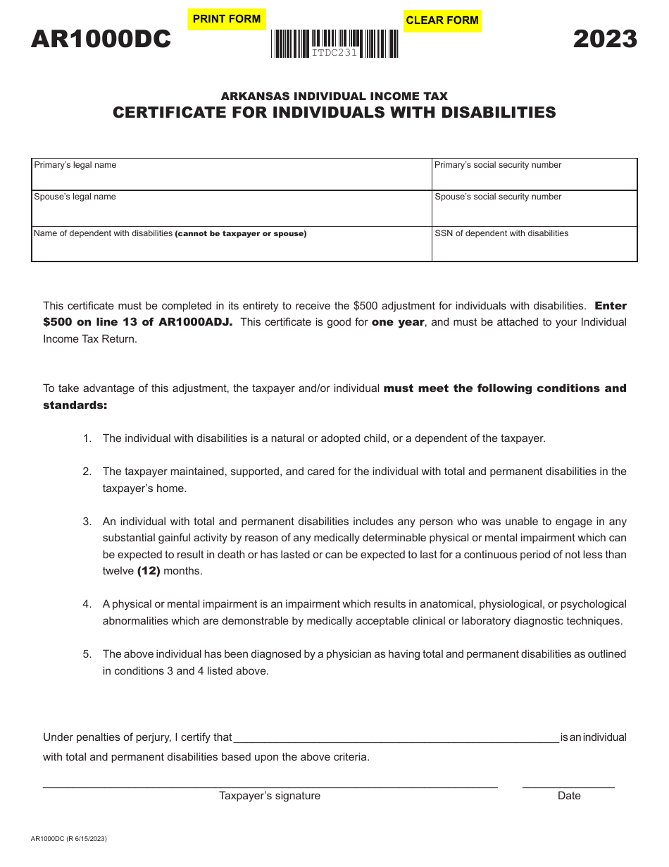 Form AR1000DC Certificate for Individuals With Disabilities - Arkansas, Page 1
