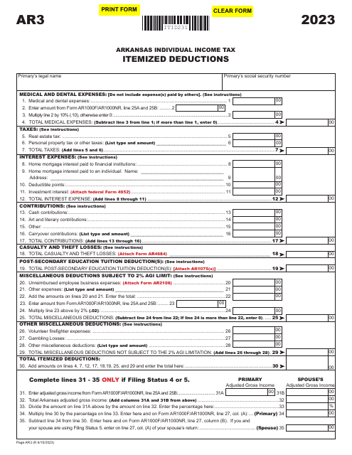 Form AR3 Itemized Deductions - Arkansas, 2023