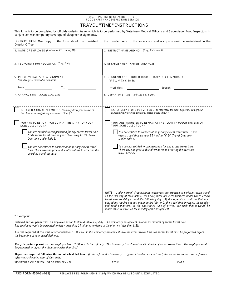 FSIS Form 4550-3 Travel Time Instructions, Page 1