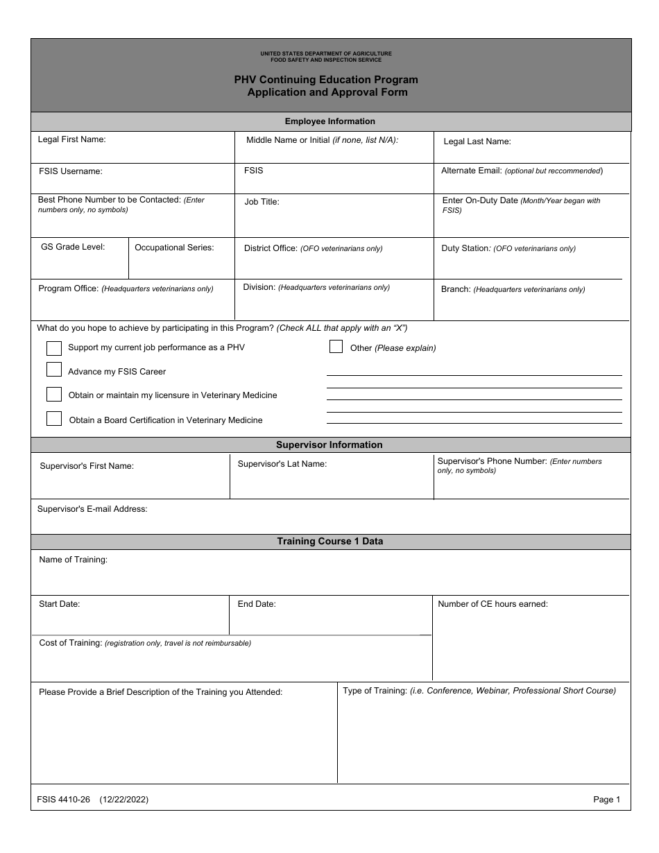 FSIS Form 4410-26 Phv Continuing Education Program Application and Approval Form, Page 1