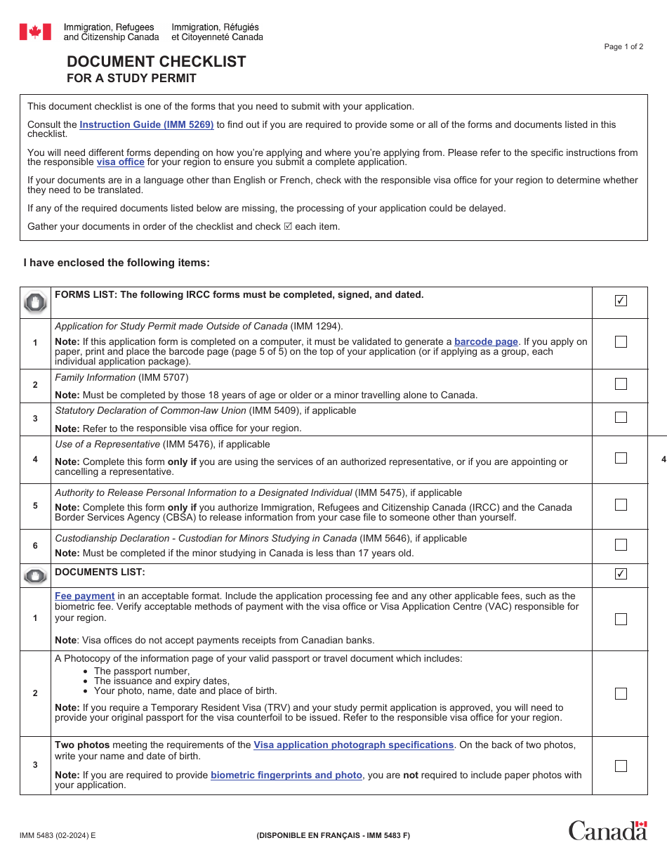 Form IMM5483 Document Checklist for a Study Permit - Canada, Page 1