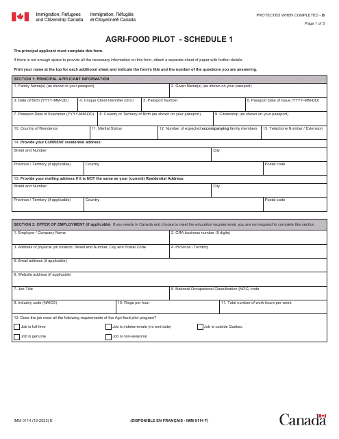 Form IMM0114 Schedule 1 Agri-Food Pilot - Canada