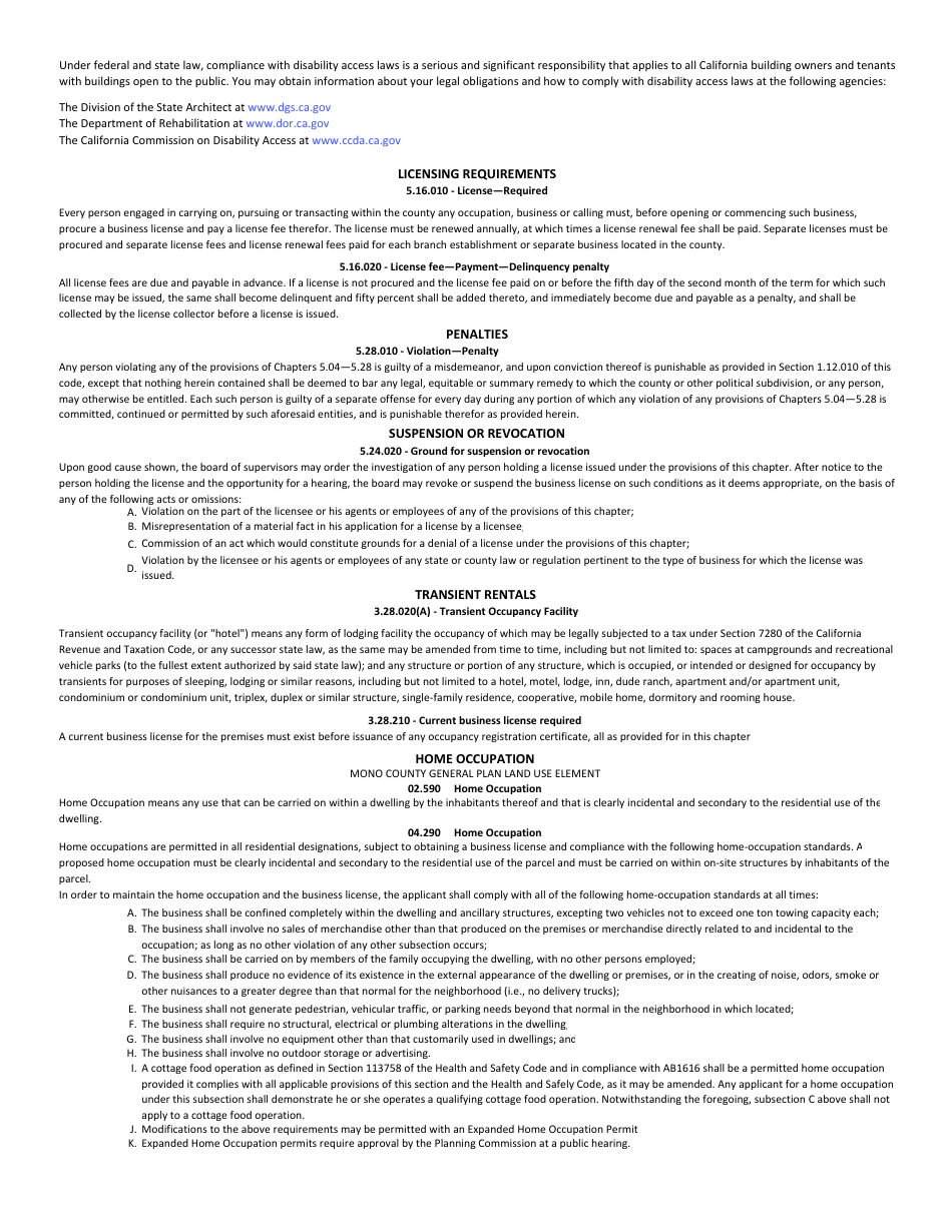 Application for Business License - Mono County, California, Page 3