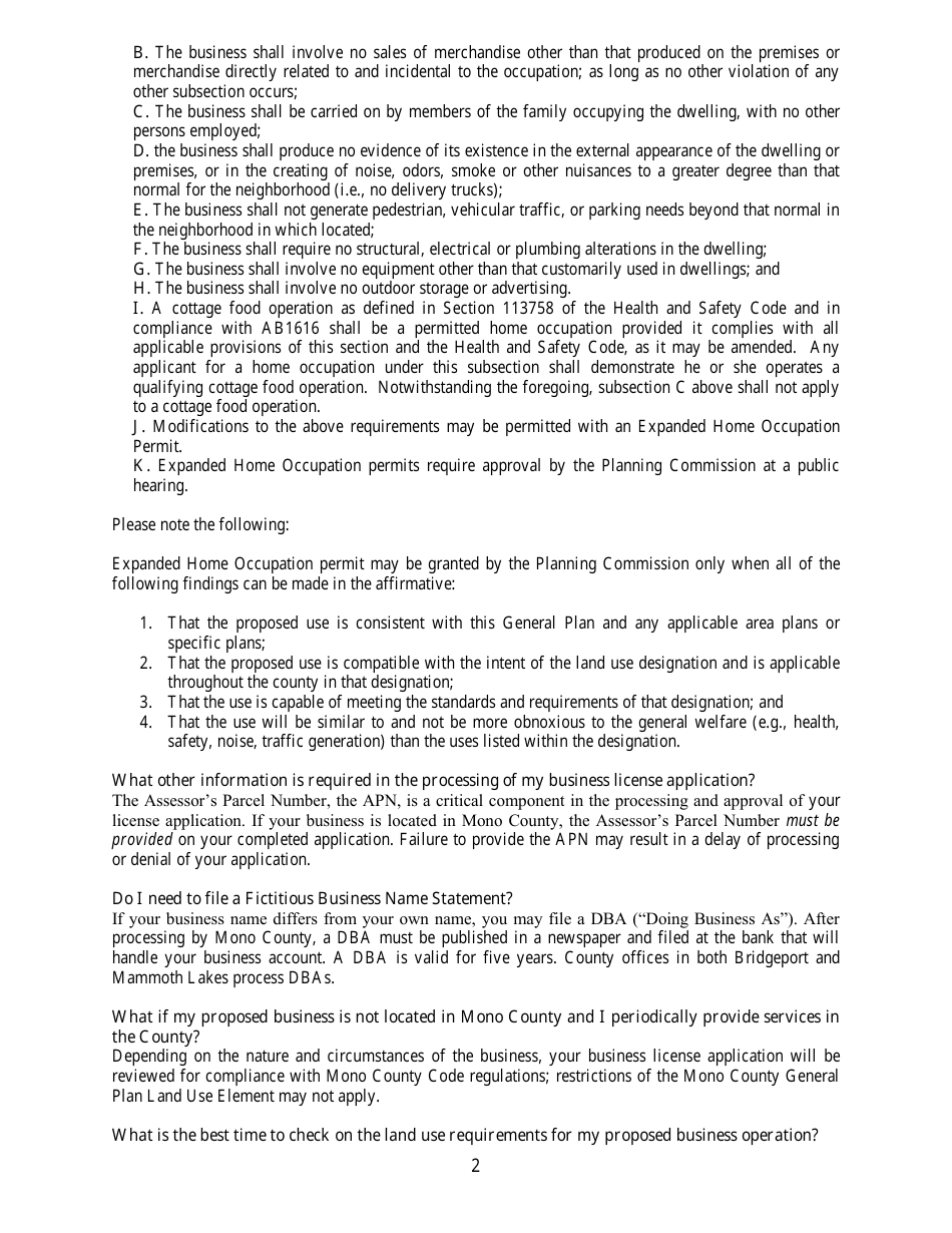 Mono County, California Application for Business License Fill Out