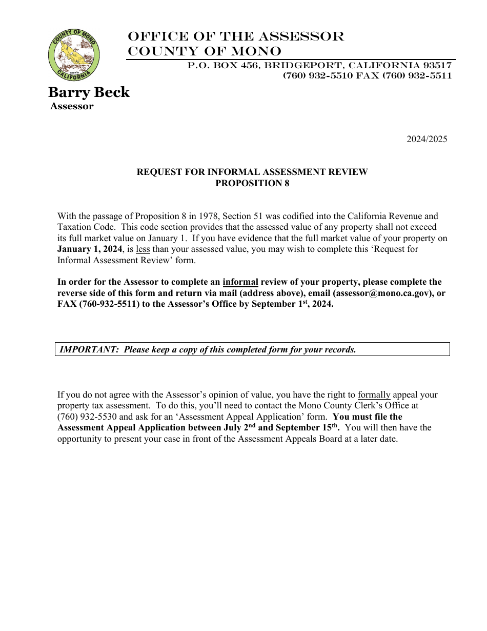Request for Informal Assessment Review - County of Mono, California, Page 1