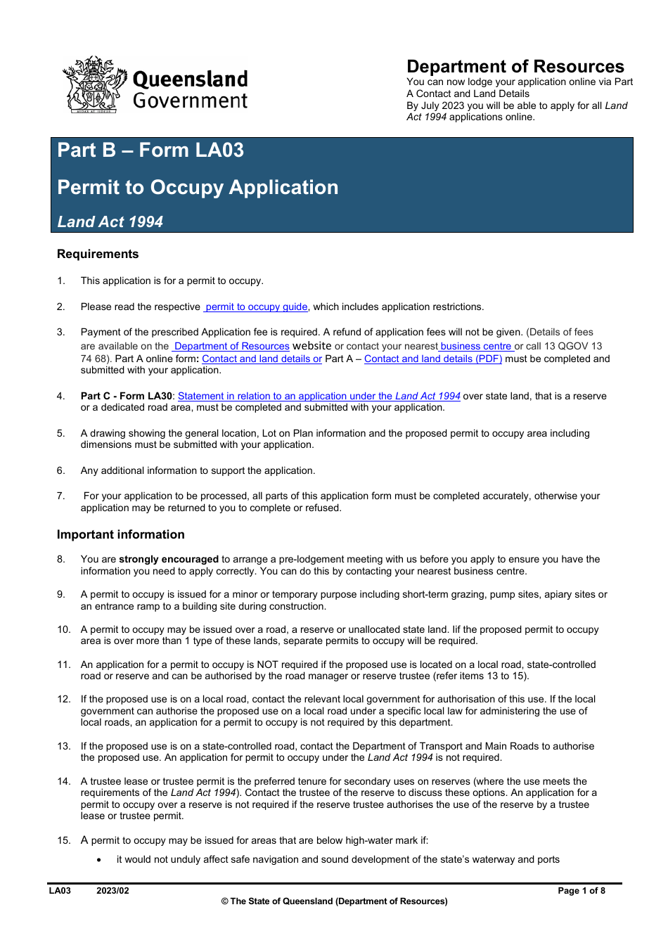 Form LA03 Part B Permit to Occupy Application - Queensland, Australia, Page 1