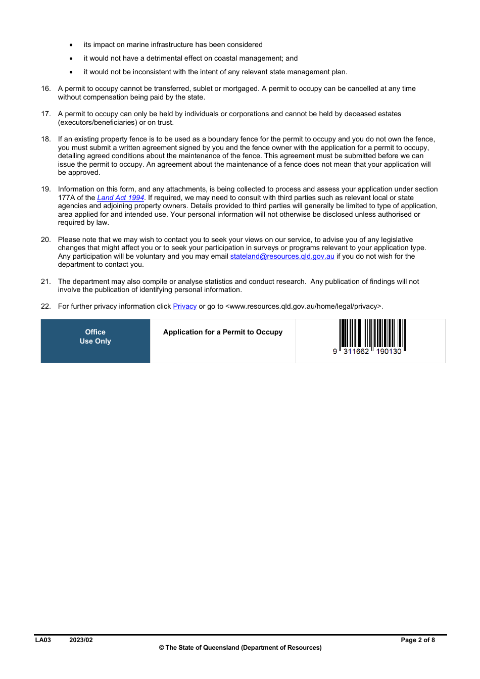 Form LA03 Part B Permit to Occupy Application - Queensland, Australia, Page 2